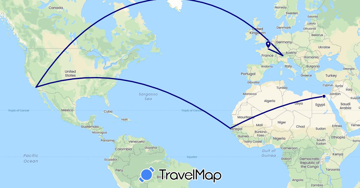TravelMap itinerary: driving in Switzerland, Egypt, France, Senegal, United States (Africa, Europe, North America)